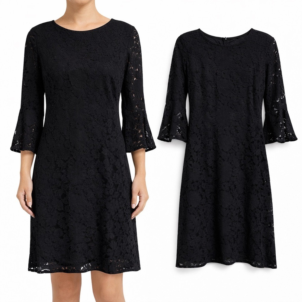 Lulus Black Floral Lace‎ Bell Sleeve Mini Dress Small Crew Neck A-Line Shift